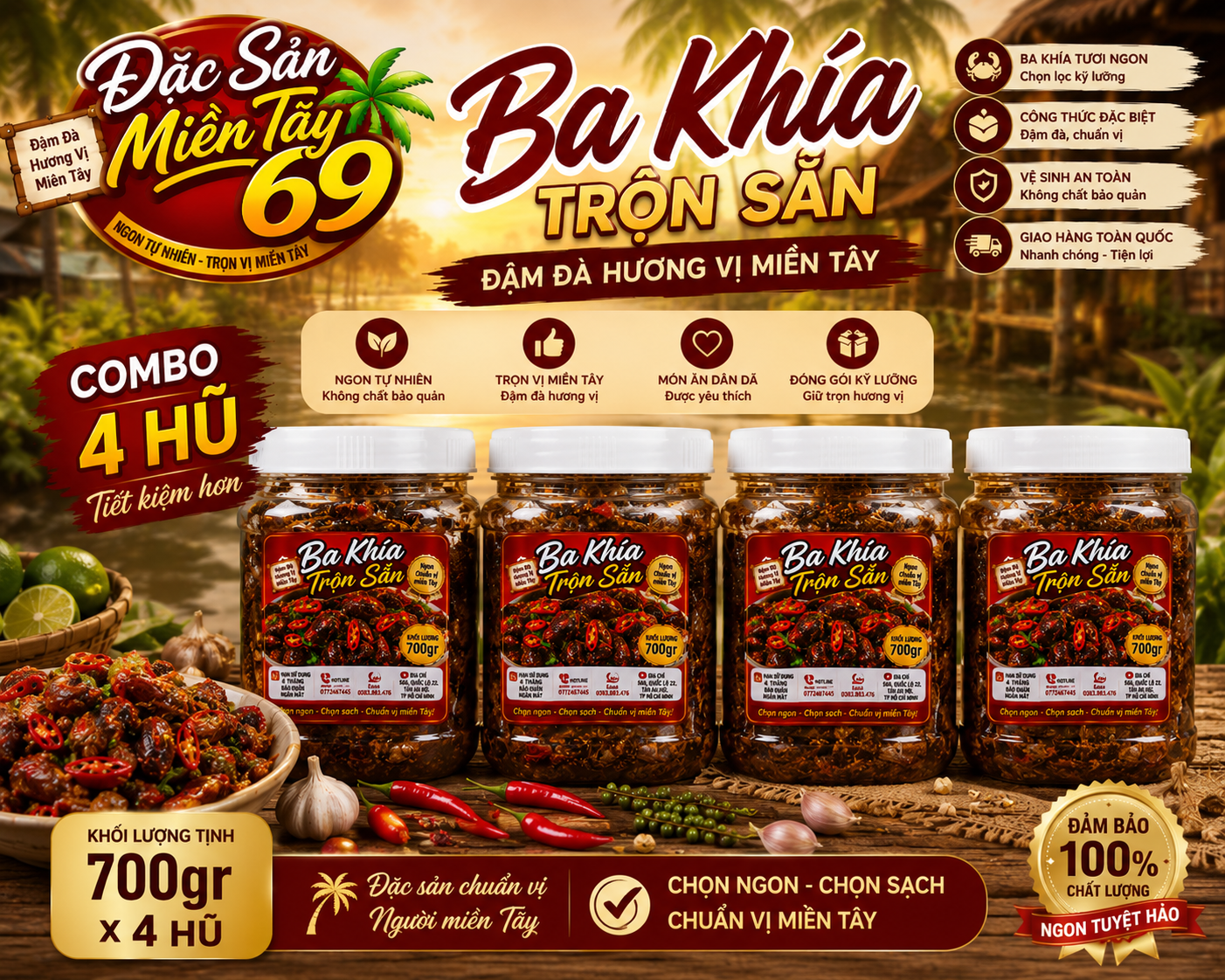 Combo 4 Hũ Ba Khía Trộn Sẵn 700gr Đặc Sản Miền Tây 69 + 30K Ship