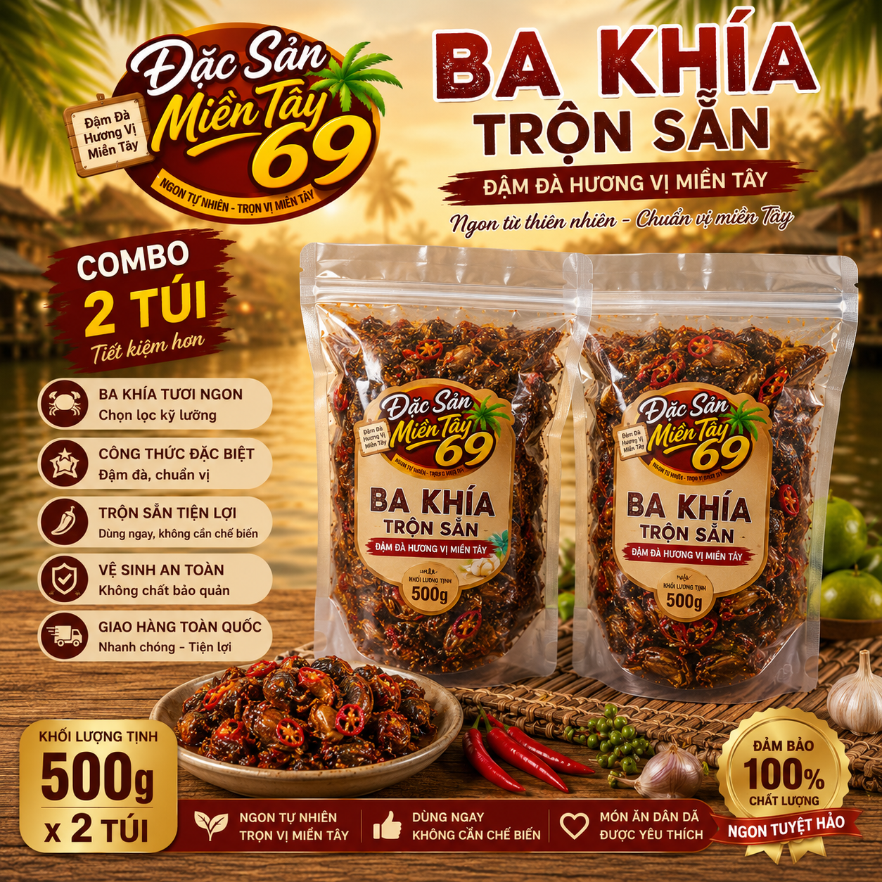 Combo 2 Túi Ba Khía Trộn Sẵn 500g Đặc Sản Miền Tây 69 + 30k Ship