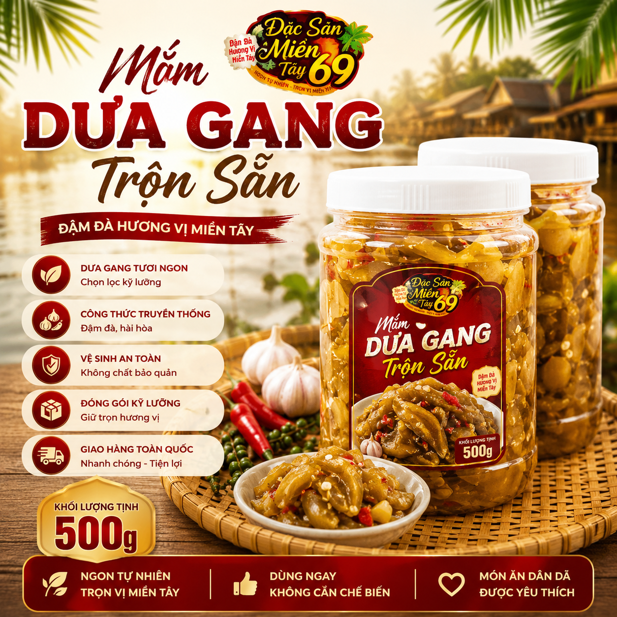 Mắm Dưa Gang Trộn Sẵn Đặc Sản Miền Tây 69 – Hũ 500g Giòn Ngon